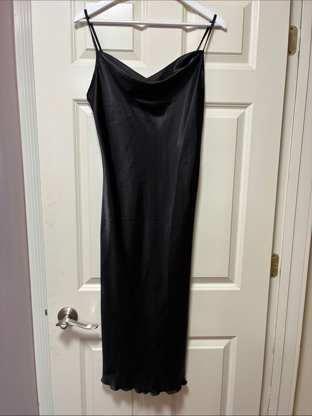 Bebe Black Satin Slip Dress with Cowl Neck Size Medium